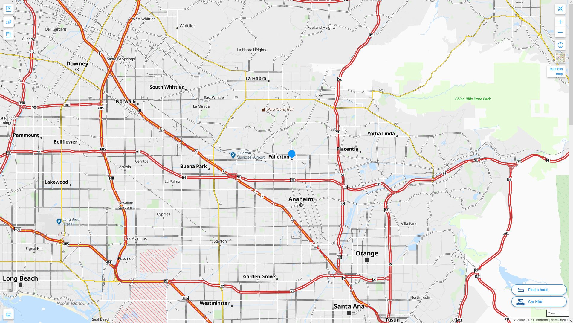Fullerton California Highway and Road Map